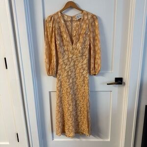 Gold yellow floral clipped chiffon woven long sleeve midi dress